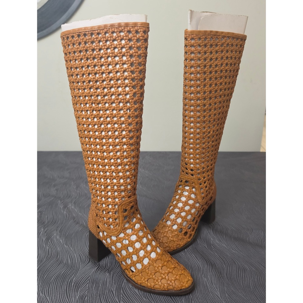 Free People Woodstock Woven Boots Womens 6.5 Cinnamon Clay Knee High Block Heel